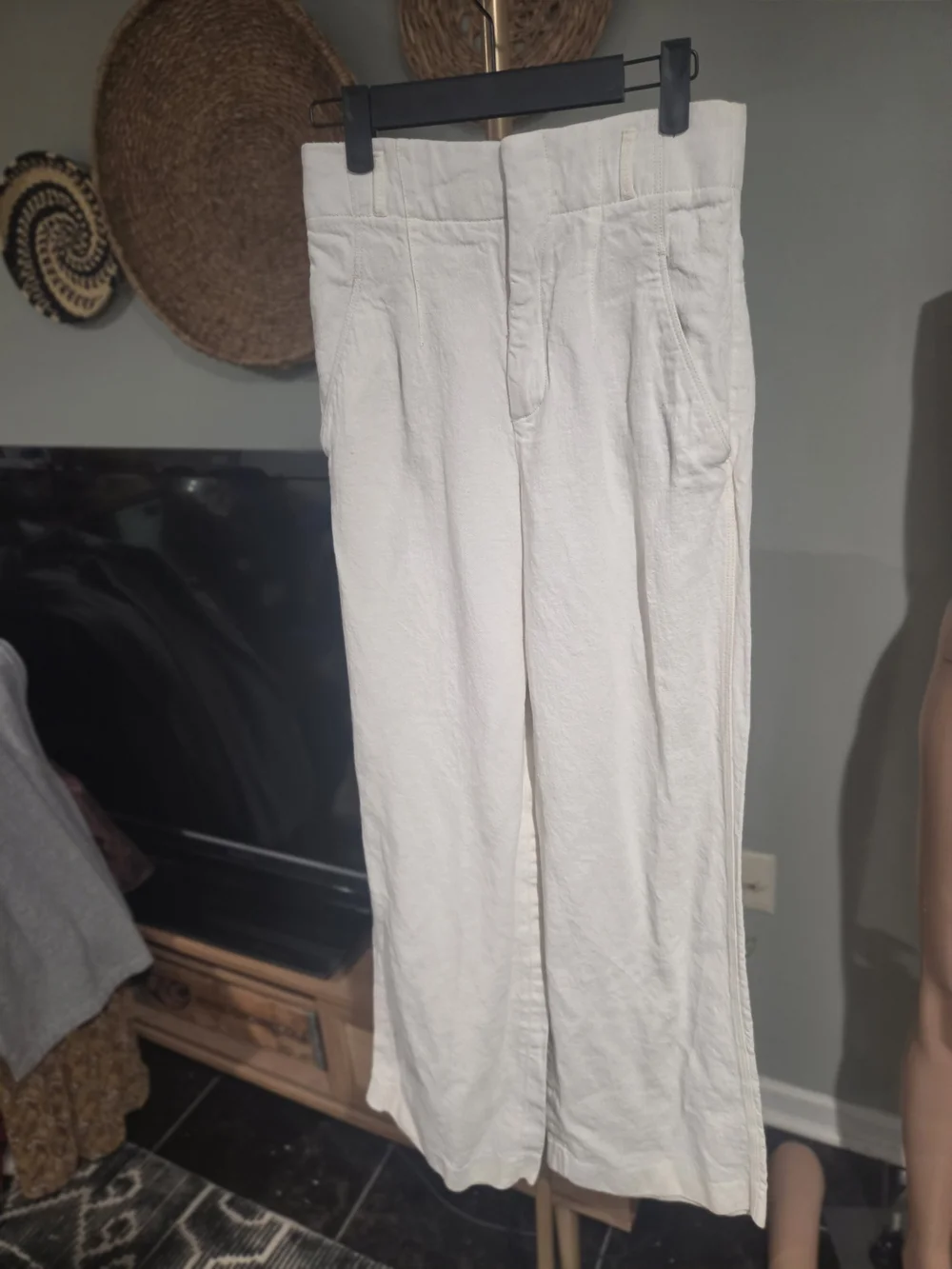 Zara Ivory Linen Blend High Rise Wide Leg Trousers Size Small